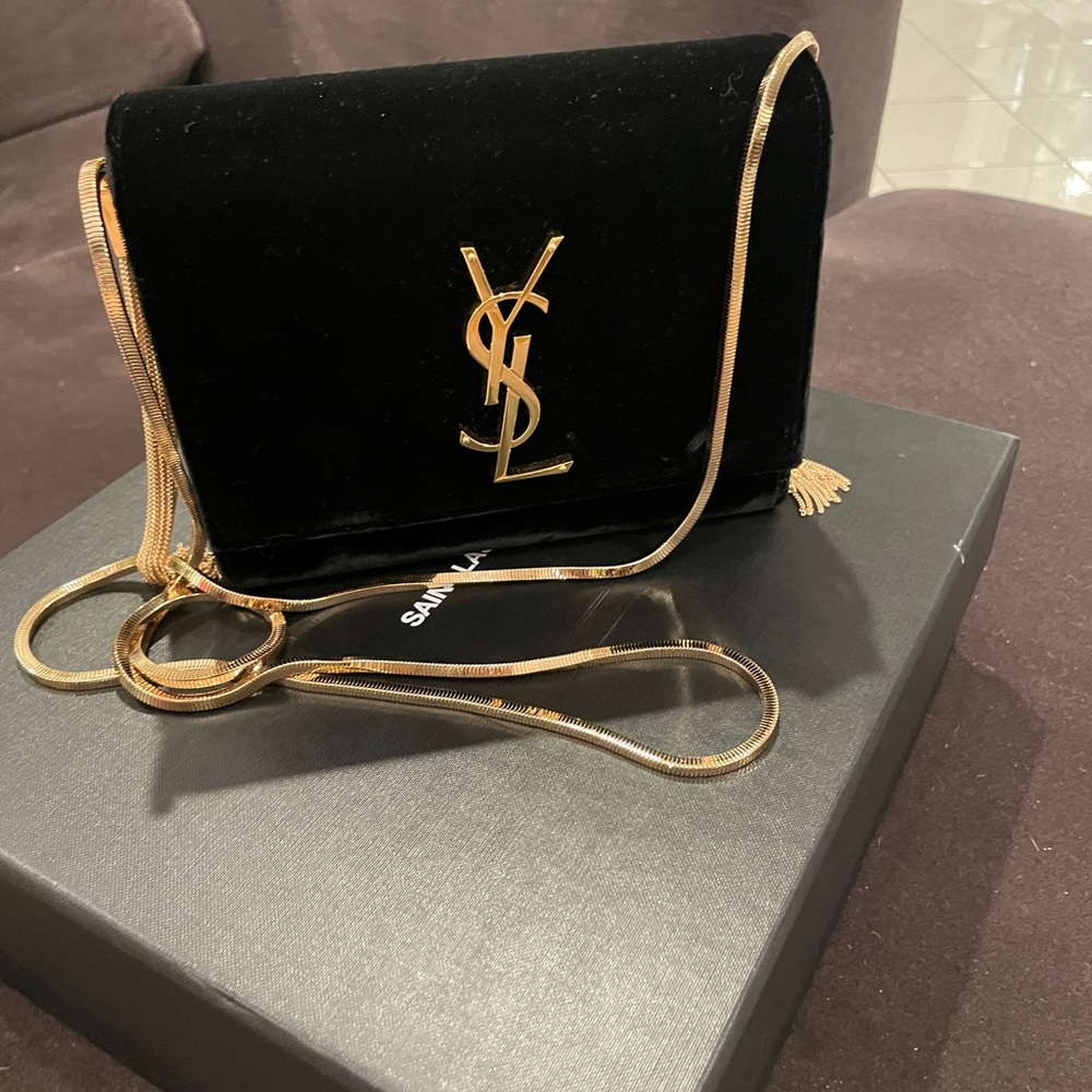 Yves Saint Laurent Black Velvet Clutch with Gold Accents
